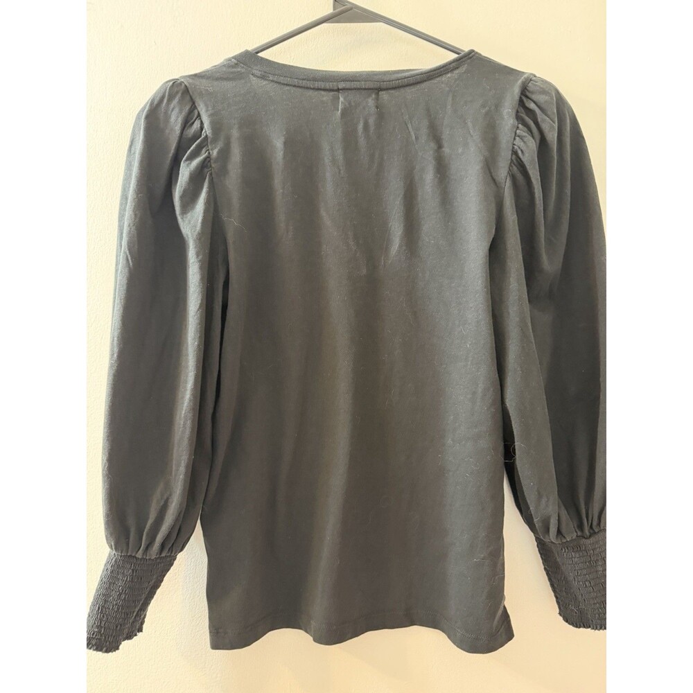 Nation LTD Black Solid V-Neck Puff Long Sleeve Smocked Cuff Knit Blouse S